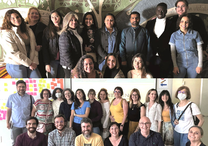 Personas beneficiarias de Caliu Urbà (arriba) y comisión de seguimiento del proyecto (debajo), con los miembros de la Universitat Carles Xavier Simó, Ana Sales, Jordi Giner (profesores) y Christian Varjas y María Ortuño (estudiantes de prácticas).